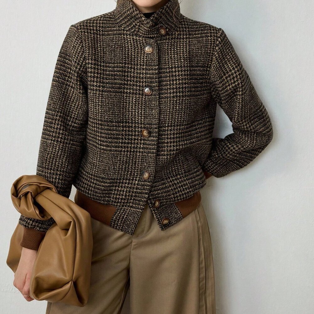 Brown Elegant Women's Plaid Woven Turndown Collar Sleeve Buttoned Jacket - Picture 6 of 8